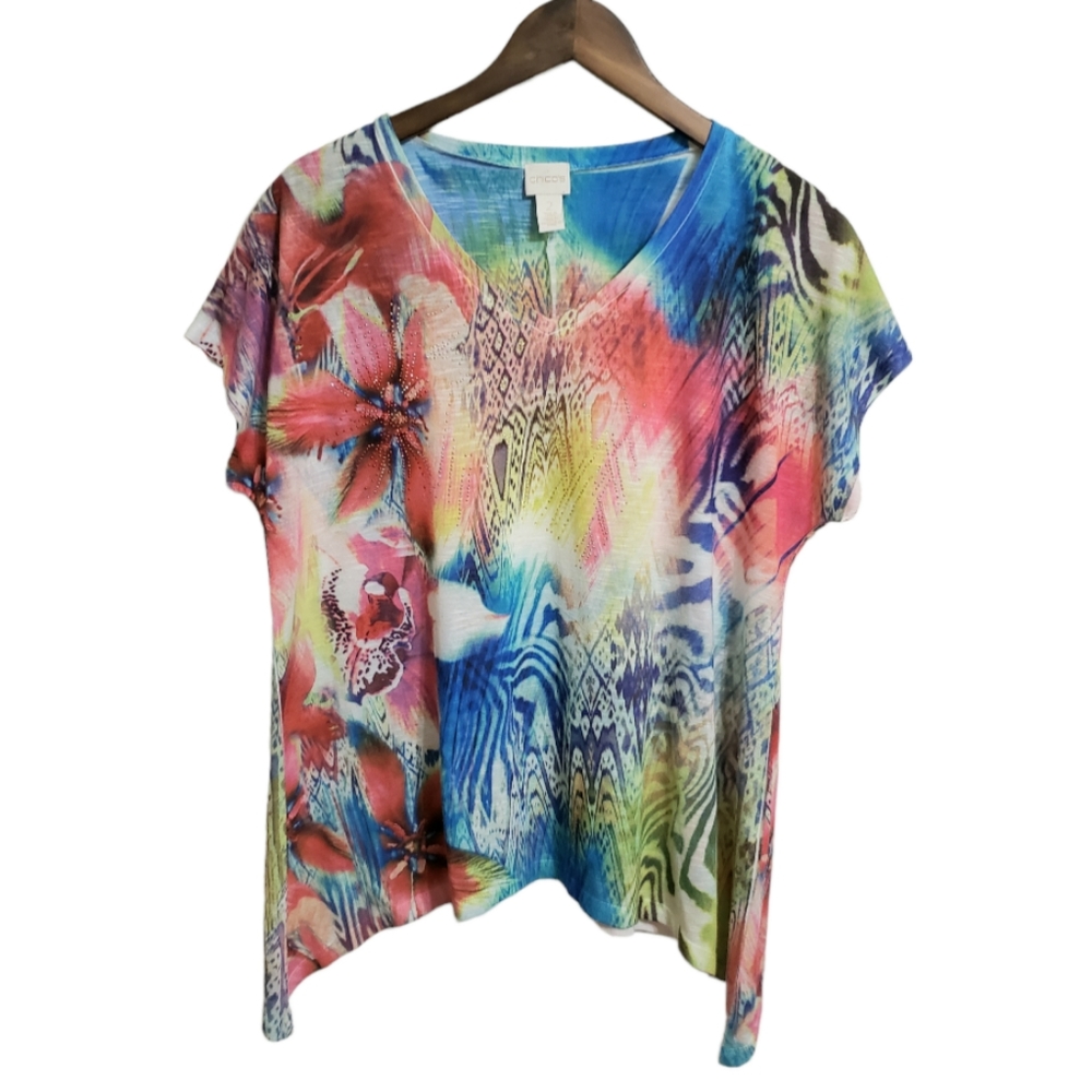 Chico's Tropical Sparkle Sharkbite Hem Women's Large